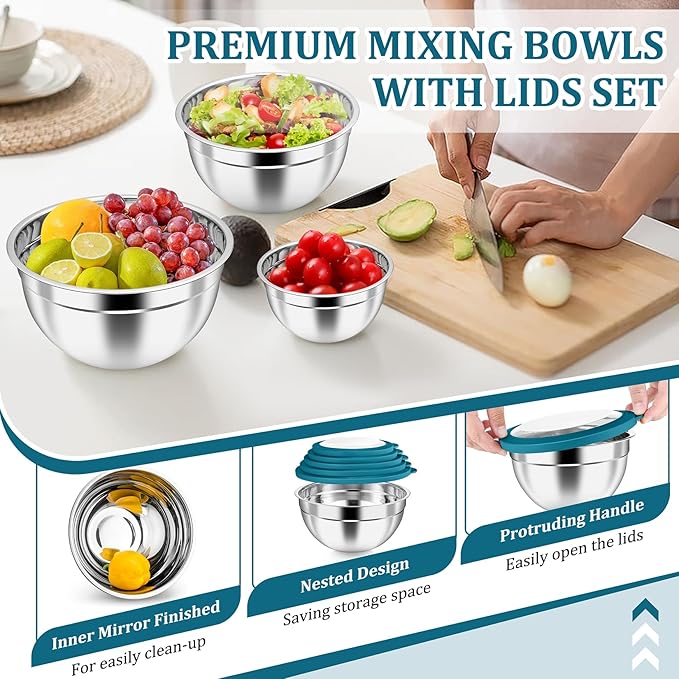 P&P CHEF Mixing Bowl with Visible Airtight Lid Set of 5, 10-Piece Stainless Steel Nesting Salad Bowl Set for Prepping, Mixing and Serving, Size 4.6, 3, 1.5, 1, 0.7 QT, Rimmed Edges & Flat Base, Blue