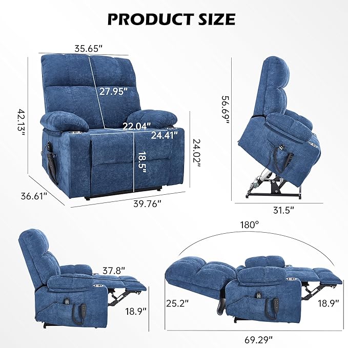 Oversized Recliner with Massage and Heating, Power Lift Chairs for Elderly, Extra Wide Recliner Chair for Living Room with Cup Holders, Dual Motor, Chenille Fabric - Dark Blue