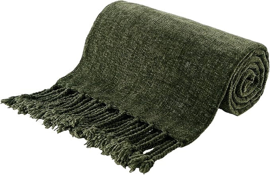 BATTILO HOME Olive Green Throw Blanket for Couch Bed Sofa, Soft Cozy Chenille Throw Blanket with Fringe Tassels, Lightweight Knit Throw Blanket for Home Decor, 50"x60"