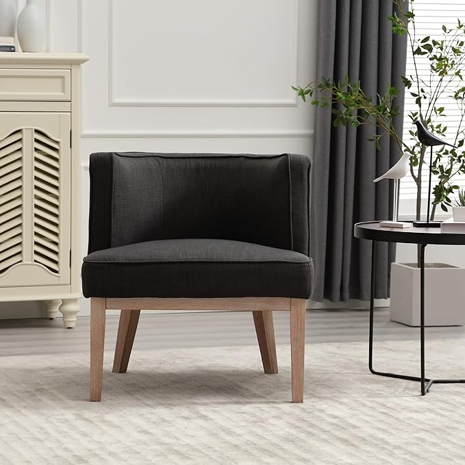 Accent Arm Chair with Wood Legs, Comfy Barrel Side Chair Linen Upholstered Reading Chairs with Back for Living Room Bedroom, Charcoal