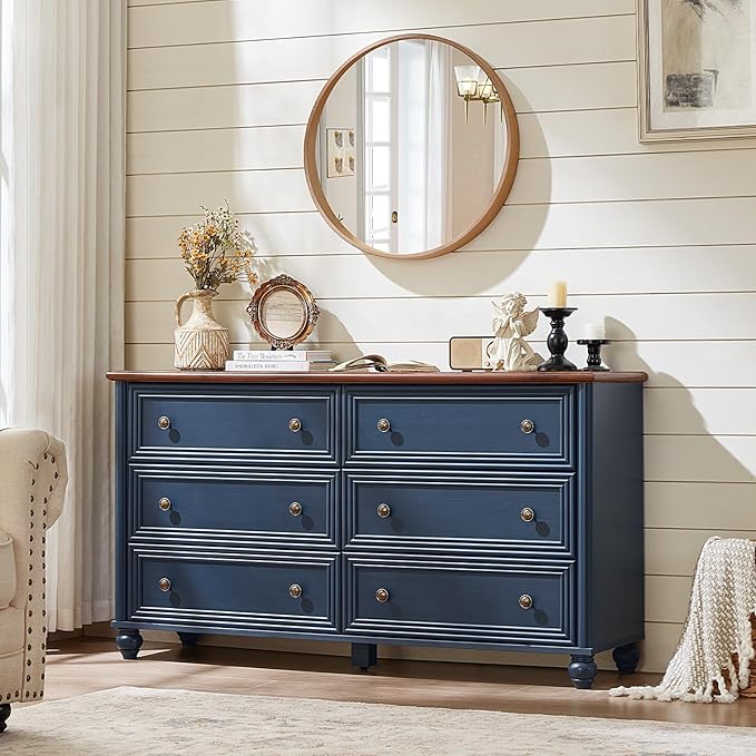 Farmhouse Dressers & Night Stand Set of 3, Wood 54" Wide 6 Drawer Dresser & 35.5"Tall Chest of Drawers, 18" with Charging Station Nightstand, Bedroom Furniture Dresser Set for Home Living Room Hallway