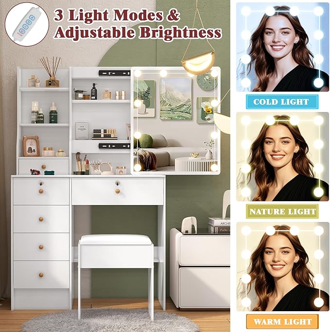 Vanity Desk with Sliding Mirror and Lights, Small Makeup Vanity Table Set with Chair and Drawers, White Vanity with Lighted Mirror for Bedroom, Dressing Table for Teen Girls and Women