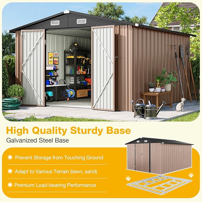 10x12 FT Outdoor Storage Shed with Base & Lockable Double Doors, Heavy-Duty Galvanized Steel Outdoor Metal Shed for Bike, Tool, Generator Storage in Backyard, Patio (10’x12’, Base)