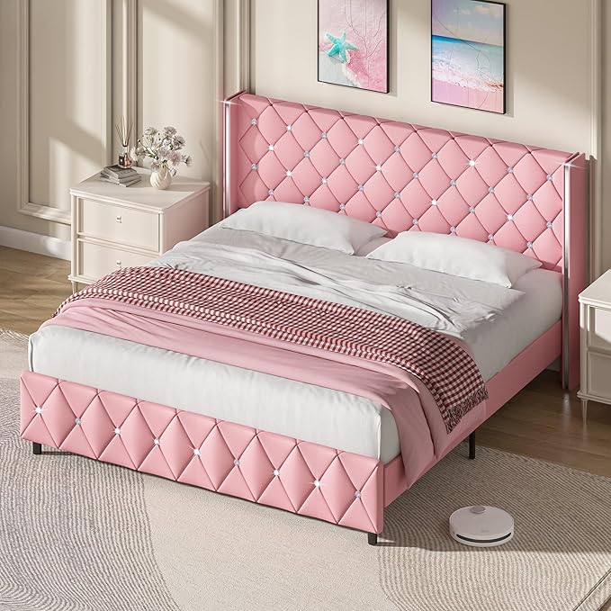 King Bed Frame and Headboard, Faux Leather Upholstered Bed with Wingback Design, Pink Bed Frame with Diamond, No Box Spring Needed, Easy Assembly