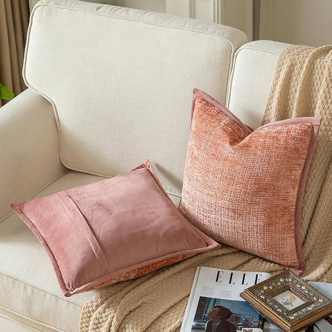 Yaertun Pack of 2 Chenille Textured Decorative Throw Pillow Covers Accent Solid Cushion Cover Soft Cozy Pillow Case with Velvet Back for Couch Sofa Bed Living Room 16x16 Inch Pink