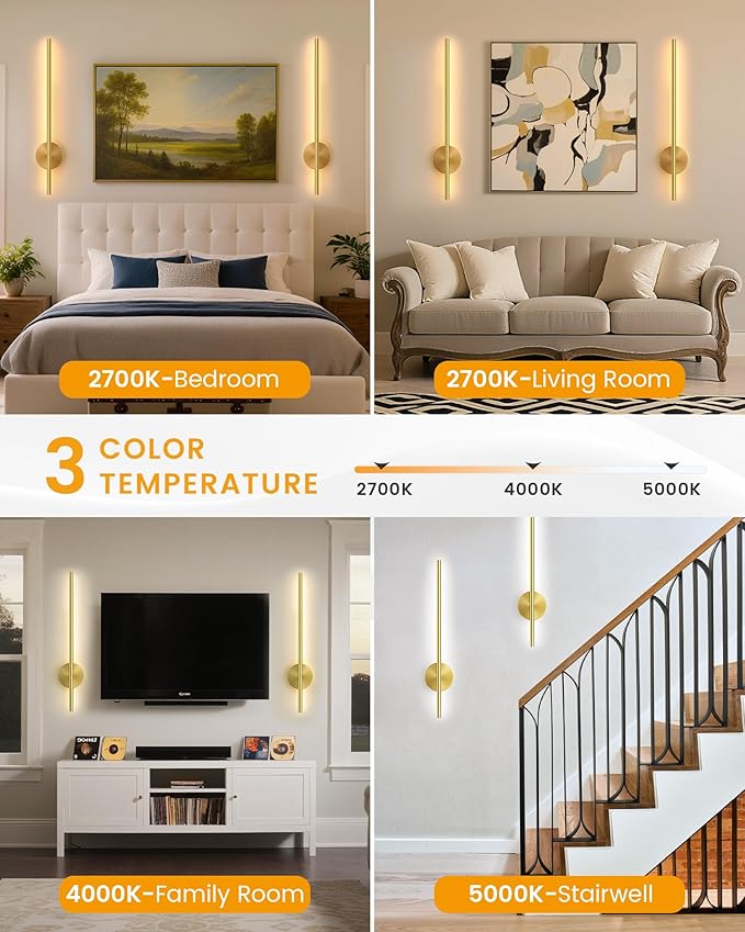 NIORSUN 27.6 Inch Battery Operated Wall Sconce Set of 2, Gold Minimalism Rechargeable Wall Lights with Remote, 3CCT Dimmable Wireless Wall Lamp for Living Room Bedroom Hallway