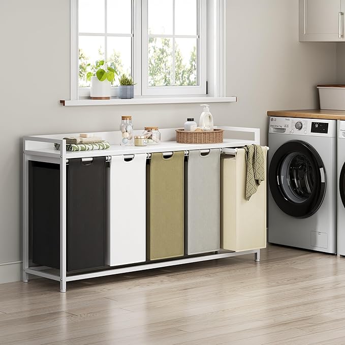 Laundry Hamper with Shelf, Laundry Basket 5 Section, Laundry Sorter with Pull-Out Removable Large 5 Color Bags and Movable Wheels, Metal Frame, 5 x 15.87 Gallons (60L), White PF08XLE