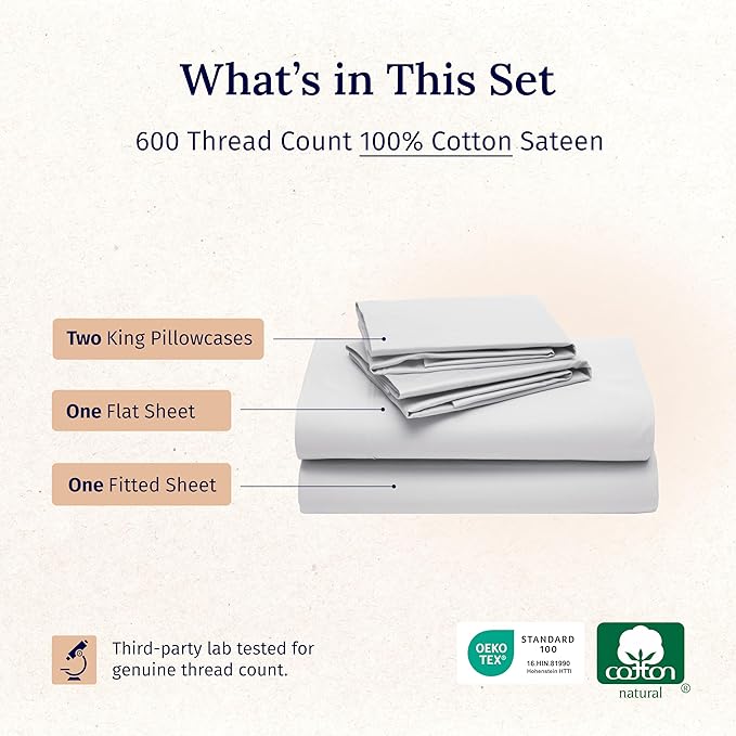 California Design Den King Size Bed Sheets Set - Luxury 600 Thread Count Sateen, Natural 100% Cotton Deep Pocket King Sheet Set, Fully Elasticized, Cool & Durable Hotel Quality Bedding - Light Silver