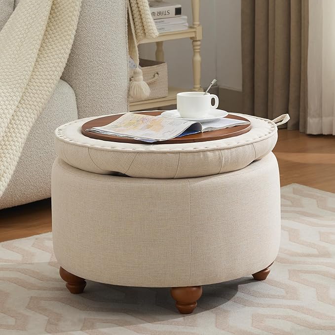 24Inch Round Storage Ottoman with Tray, Modern Tufted Fabric Circle Coffee Table with Storage, Upholstered Ottoman with Removable Top for Living Room, Bedroom, Khaki