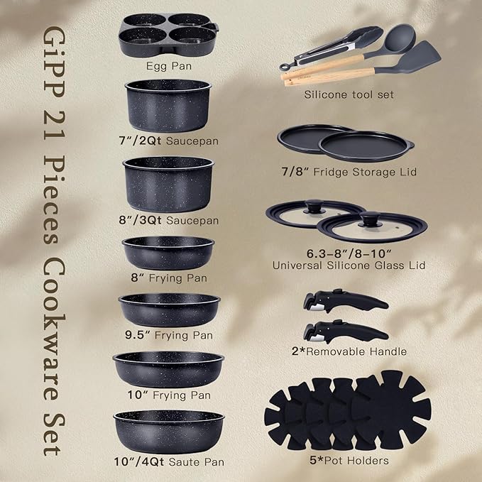 GiPP Ceramic Pots and Pans Set Non Stick, Nonstick Detachable Handle Cookware Sets, Healthy Non Toxic PFAS PFOA & PTFE Free, Dishwasher ＆Oven Safe, Induction Kitchen Pot and Pan, 21 Piece Grey