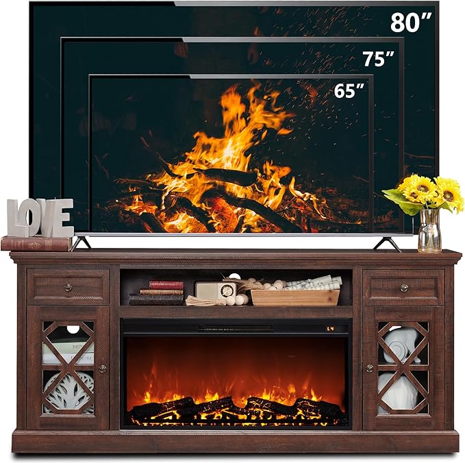 Farmhouse Fireplace TV Stand with 36" Electric Fireplace for 80 Inch TVs, 31" Tall Entertainment Center w/Drawer & Diamond Panel Door, Highboy Media Console for Living Room, 70inch, Brown