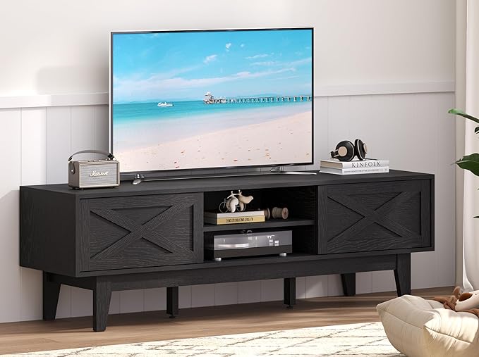 TV Stand for 55/60/65 Inch TV, Farmhouse Entertainment Center with Shelves, Cabinets and Sliding Doors, Rustic TV Media Console Table with Solid Wood Feet & Cord Holes for Living Room, Bedroom, Black