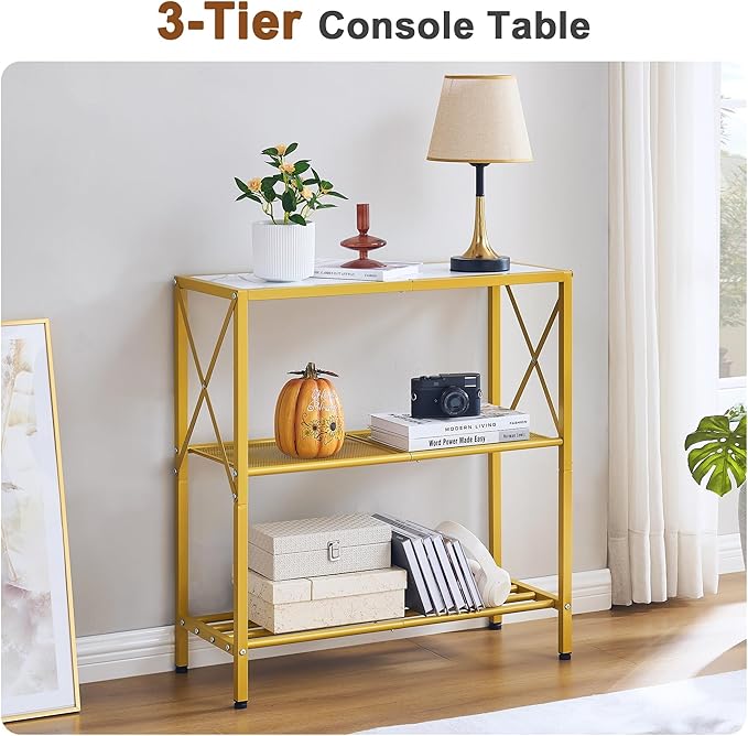 Hoctieon Industrial Console Table, 3 Tier Entryway Table, Metal Frame, Sofa Tables with Shelf, Hallway Desk, Entrance Tables for Entryway, Living Room, Foyer, Hallway, Gold and White