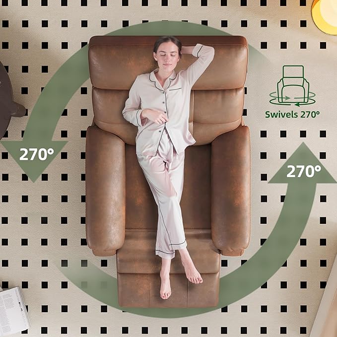 Claiks Power Swivel Rocker Recliner Chair, Oversized Recliner Chairs for Adults, Tech Cloth Overstuffed Reclining Chair with USB and Type-C Ports for Living Room, Brown