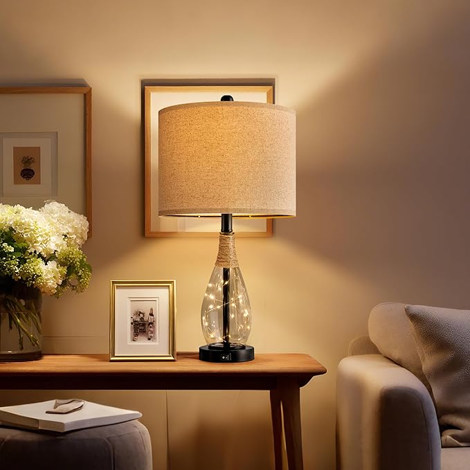 OYEARS 23" Farmhouse Table Lamps for Living Room – Set of 2 Boho Rattan Bedside Lamps with USB-C & USB-A Ports, Glass Nightlight, Dual Light Sources, Black