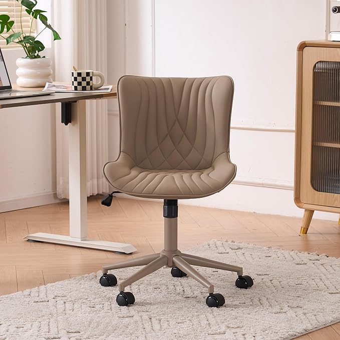 YOUTASTE All Khaki Office Chair, Modern Armless Desk Chair with Back, Adjustable Swivel Rolling Faux Leather Task Chair with Wheels Metal Base for Home Office, Study, or Vanity