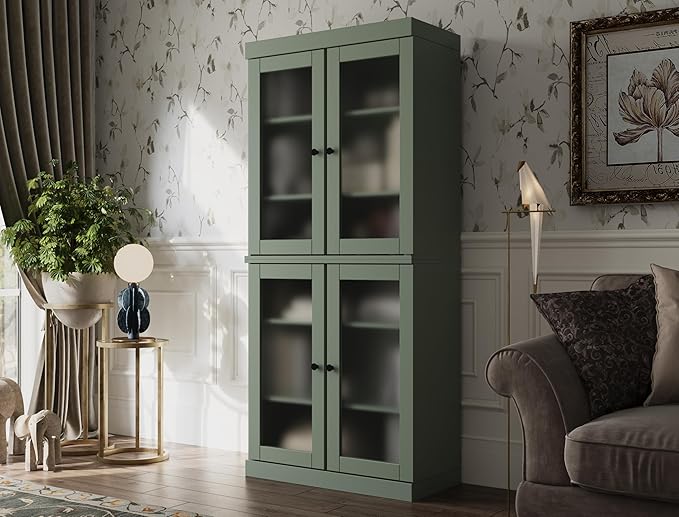 Palace Imports Solid Wood Bookcase w/Frosted Glass Doors & Adjustable Shelves for Living Room - 6-Tier Tall Bookshelf, 71.5" H x 32” W - Sage, 100% Renewable Eco-Friendly Wood, Made in Brazil