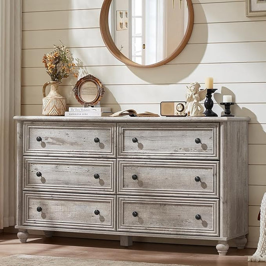 6 Drawers Dresser for Bedroom, Farmhouse 54" Wide Wood Dressers Chest of Drawers, Vintage Design TV Stand, Rustic Storage Dresser Organizer with Metal Handle Closet for Living Room, Hallway