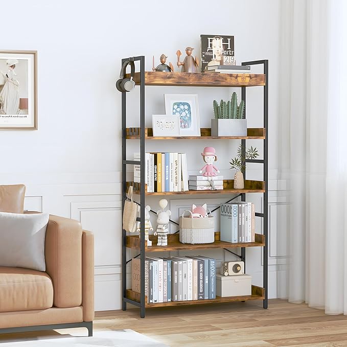 HCHQHS 5 Tier Bookshelf, Adjustable Industrial Bookcase, Vertical Tall Book Shelf, Wood and Black Metal Open Bookshelves for Home Office, Living Room, Bedroom