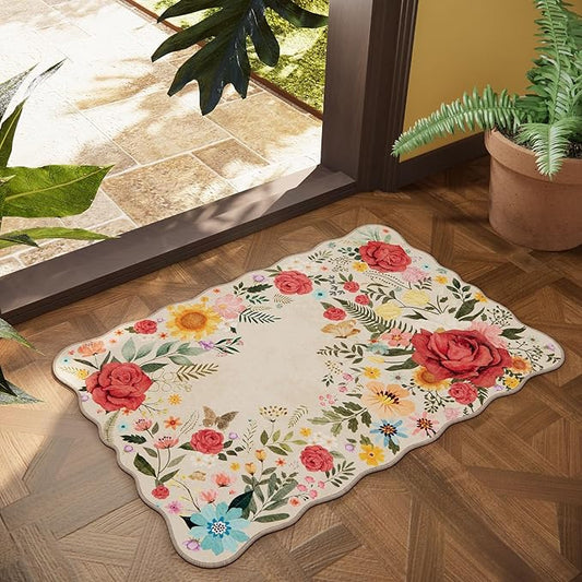 Floral Washable Rugs for Entryway 2'x3' Non Slip Boho Vintage Indoor Door Mat Low Pile Soft Carpet for Bathroom, Front Door, Kitchen, Laundry Small Spaces Decor (Beige