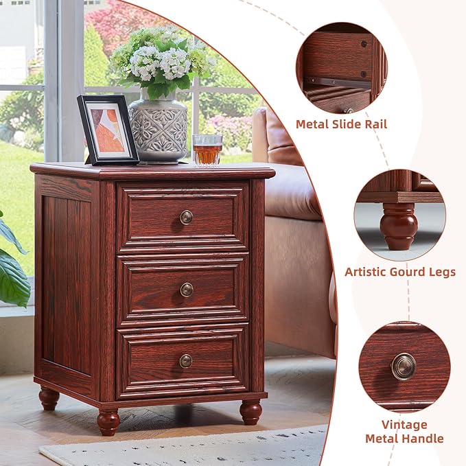 18" Farmhouse Night Stand Set 2, RedOak 3 & 3 Drawers Wood Nightstand, Bedside End Table with Storage and Roman Column, Bed Side Tables Cabinet for Bedroom, Living Room, and Closet