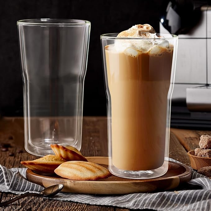 Joeyan Glass Double Walled Beer Drinking Glasses Tumbler 16 oz, Double Layer Tall Borosilicate Insulated Water Cocktail Glass Cups, Double Lined Thermo Tea Coffee Hot Beverage Glassware, Set of 2