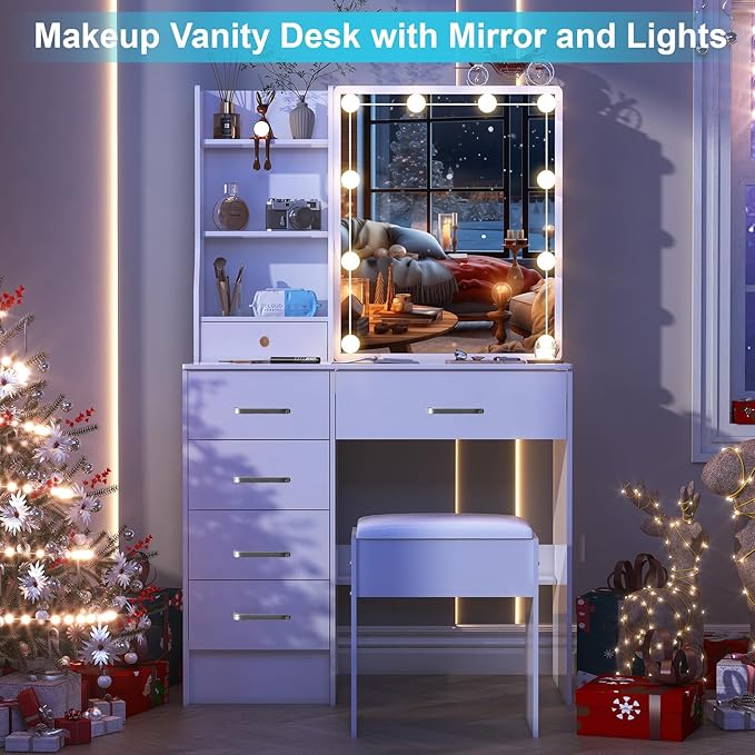Makeup Vanity Desk with Mirror and Lights,White Vanity with 6 Drawers 6 Storage Shelves 1 Chair,3 Lighting Colors Adjustable,31.5" L*14.2" W*51.2" H