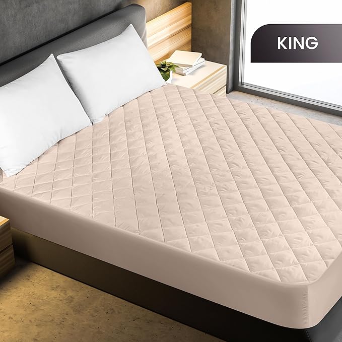 Utopia Bedding Quilted Fitted Mattress Pad, King Size, Elastic Fitted Mattress Topper Protector and Cover Stretches up to 16 Inches Deep, Machine Washable (Beige)