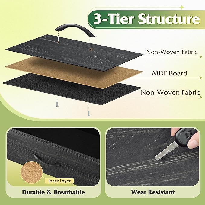 WLIVE Black TV Stand for 55, 60, 65 inch TV, Entertainment Center with LED Lights & Charging Station, TV Media Console Table with 15 Fabric Drawers and Open Shelves for Living Room, Hallway, Wood Top