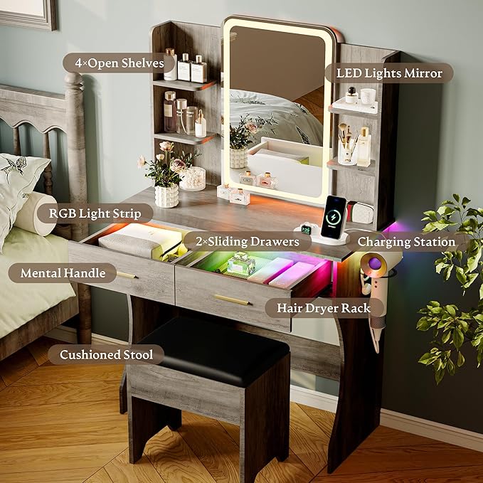Gray Makeup Vanity Desk with Mirror and Lights, Wood Vanity Table Set with Power Outlet, Dressing Table with 2 Drawer & 4 Storage Shelves, Adjustable RGB Lighting, Includes Chair for Girl’s Bedroom
