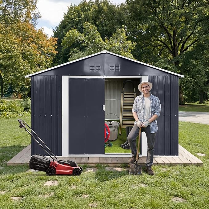 9 x 8.5 Ft Outdoor Storage Shed, Heavy-Duty Metal Shed with Windows & Secure Lockable Doors, Ideal Storage Shed for Outdoor, Patio, Garden, and Backyard, Black