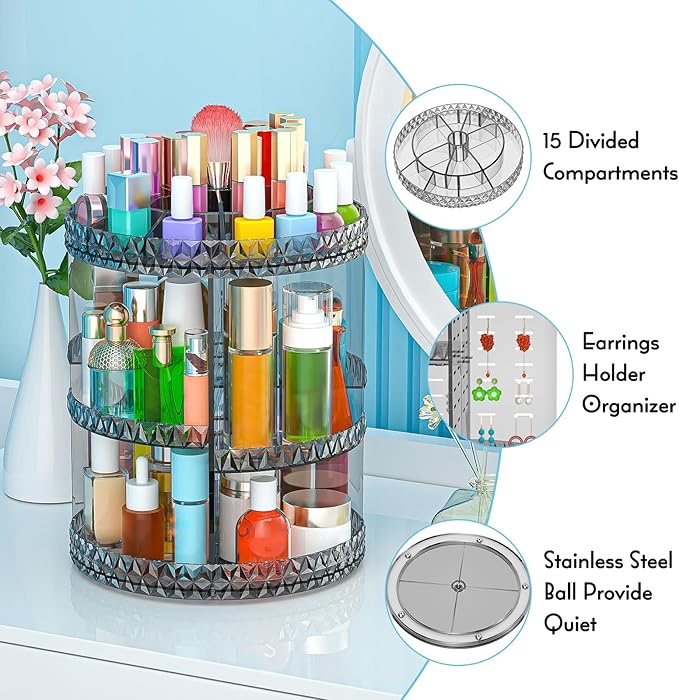 360 Rotating Makeup Organizer, DIY Adjustable Cosmetics Organizer[Patented Product], Professional Acrylic Make Up Caddy Shelf Storage Perfume, Lipsticks, Makeup Brushes or Accessories (Gray)