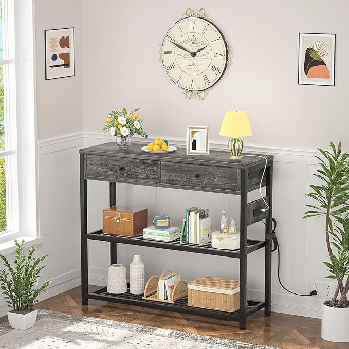 Ecoprsio Entryway Table with Outlets and USB Ports, Small Console Table with 2 Drawers, Sofa Table with Storage Shelves for Living Room, Couch, Hallway, Foyer, Kitchen Counter, 32'', Grey Oak