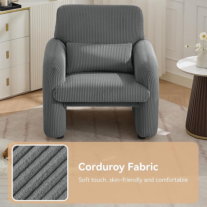 Corduroy Fabric Accent Chair, Modern Upholstered Living Room Chairs with Lumbar Pillow, Wide Comfy Leisure Armchair for Bedroom, Office, Reading, Grey