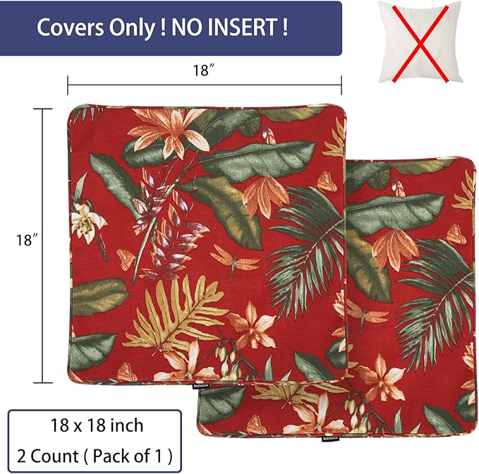 Outdoor Throw Pillow Covers 18x18 Inch, Set of 2, Cover Only! Waterproof Fade Resistant Decorative Cushion Sham Pillow Cases for Patio Furniture Chair Couch Sofa - Red Floral