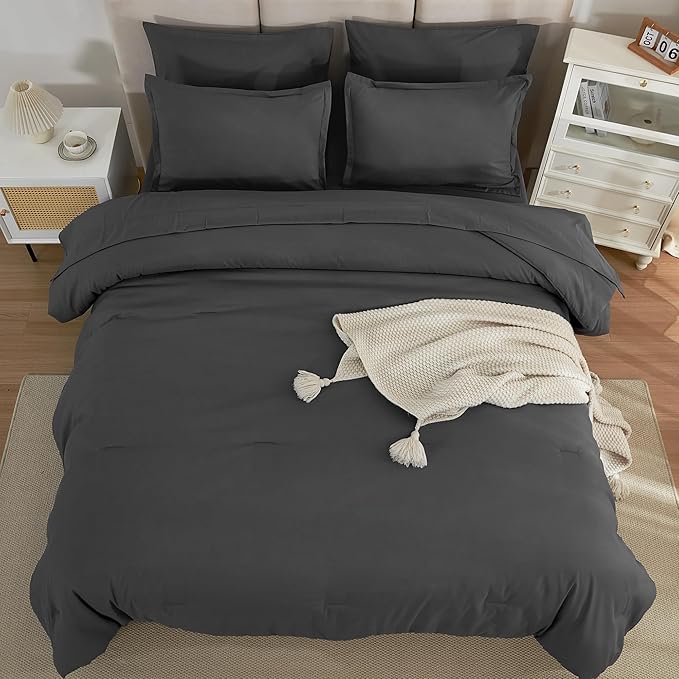 Litanika Twin/Twin XL Size Comforter Sets Grey Dark Grey - 5 Pieces Bed in a Bag Twin/Twin XL Bedding Comforter Sets, Solid Lightweight Bed Set with Comforter, Sheets, Pillowcase & Sham