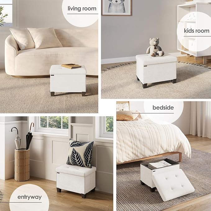 STORAGEBUD Storage Ottoman Cube with Small Bin, 16-in Square Ottoman with Storage for Living Room and Bedroom, Small Ottomans Foot Rest, Fabric Foot Stools Ottomans Max 330lbs, Cream