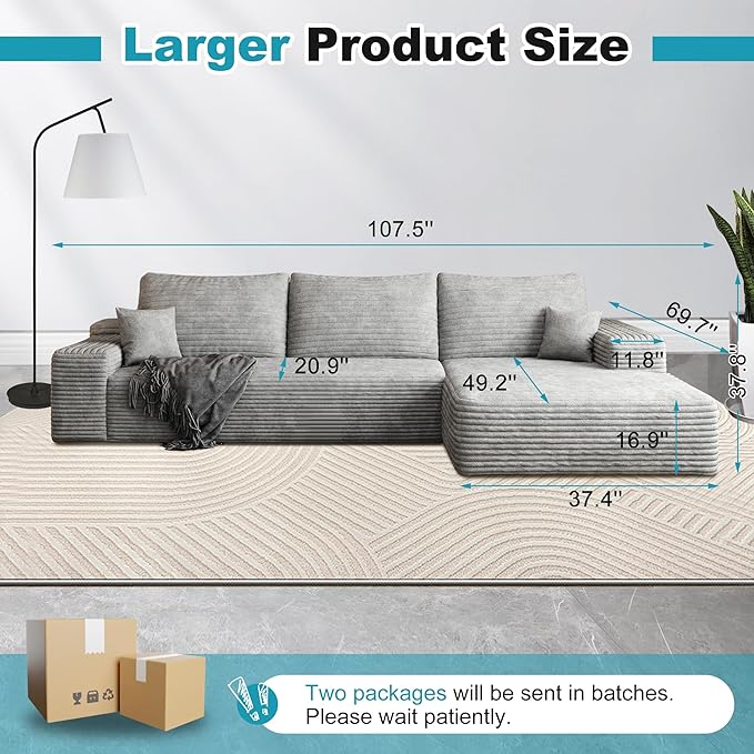 Sectional Couches for Living Room 112" L-Shape Cloud Couch Modern Modular Sectional Sofa Bad, Boneless Couch with Right Deep Seat, No Assembly Required (Plush Corduroy Fabric, Grey)