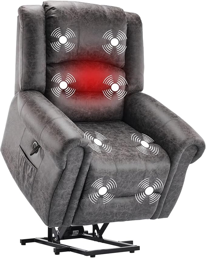 FLEXISPOT Power Lift Recliner Chair for Elderly with Massage & Heat, Faux Leather Electric Reclining Chair for Seniors with USB Ports, Cup Holders & Side Pockets(Medium Size,Charcoal Gray