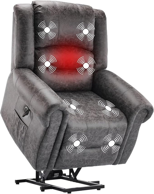 FLEXISPOT Power Lift Recliner Chair for Elderly with Massage & Heat, Faux Leather Electric Reclining Chair for Seniors with USB Ports, Cup Holders & Side Pockets(Medium Size,Charcoal Gray