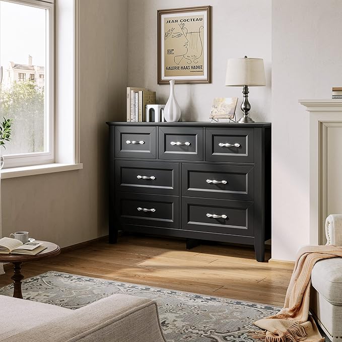 LINSY HOME Black Dresser for Bedroom, Long Dresser with 7 Drawers, Wood Chest of Drawers with Metal Handles, Ideal for Living Room, Entryway and Hallway