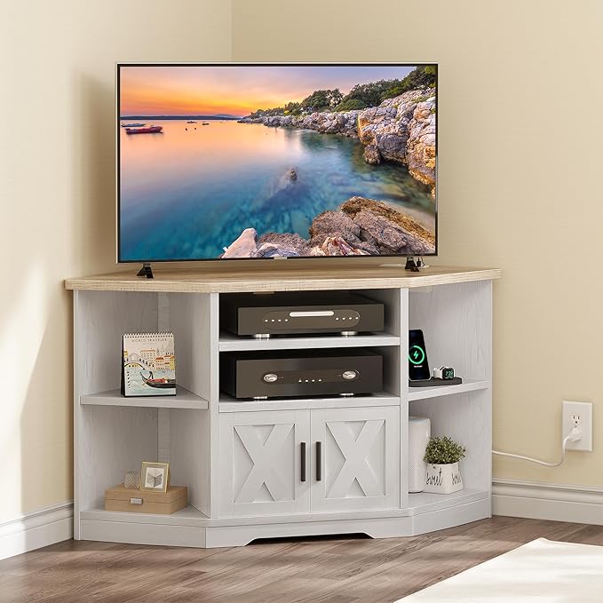 YITAHOME Corner TV Stand for 55/50 Inch TV, Farmhouse TV Stand for Living Room, Entertainment Center with Storage & Power Outlet, TV Console Cabinet for Living Room, Grey Wash & Grey White