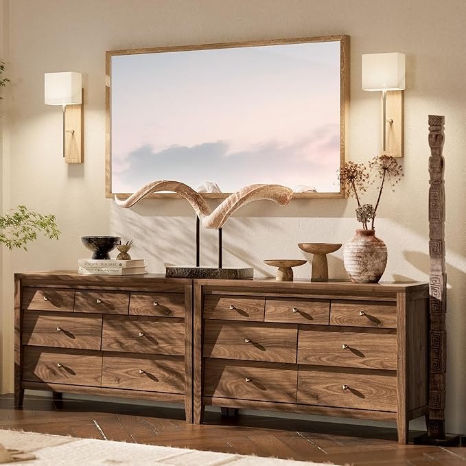 7 Drawers Dresser with Beveled Panel, Farmhouse Chest of Dressers for Bedroom, Wood Dresser TV Stand, Drawer Organizer for Bedroom, Living Room, Hallway, Walnut