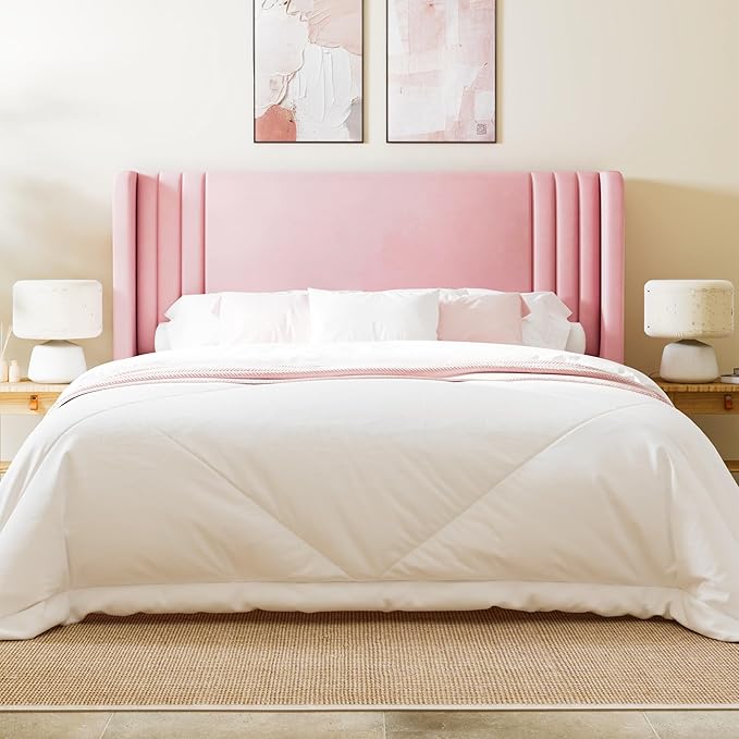 Allewie Full Size Velvet Platform Bed Frame with Vertical Tufted Wingback Headboard, Easy Assembly, Under Bed Storage, No Box Spring Required, Modern Style, Pink