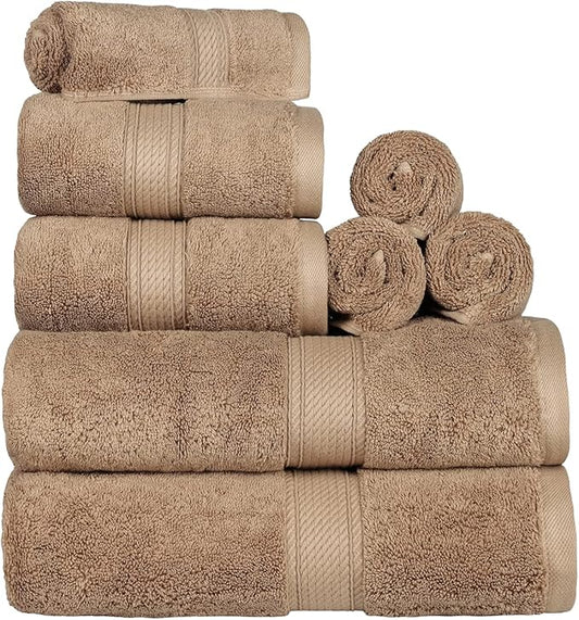 Superior Egyptian Cotton Pile 8 Piece Towel Set, Includes 2 Bath, 2 Hand, 4 Face Towels/Washcloths, Ultra Soft Luxury Towels, Thick Plush Essentials, Guest Bath, Spa, Hotel Bathroom, Latte