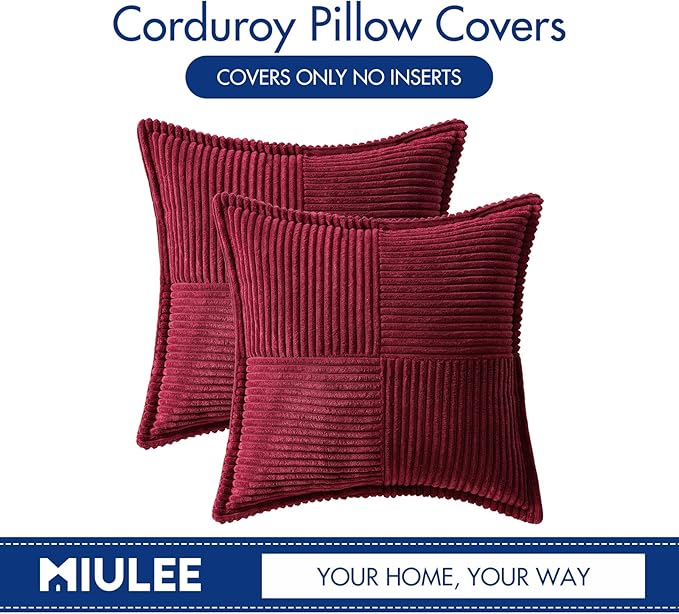 MIULEE Christmas Decorative Throw Pillow Covers for Couch Bed Livingroom 16x16 Inch Set of 2 Burgundy Boho Accent Throw Pllows Broadside Striped Patchwork Soft Corduroy Pillowcases