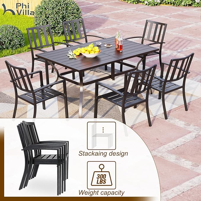 PHI VILLA 7 Piece Outdoor Dining Set for 6, 60” Rectangular Metal Steel Dining Table with Umbrella Hole & Stackable Dining Chairs for Patio, Deck, Yard, Garden