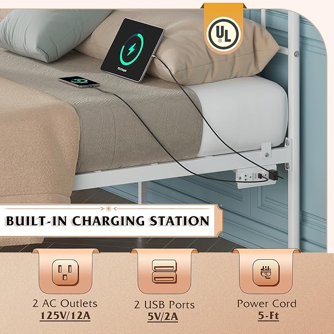 WLIVE Bed Frame King Size, King Size Bed Frame with Storage and Headboard, King Bed Frames with LED Lights and Charging Station, White