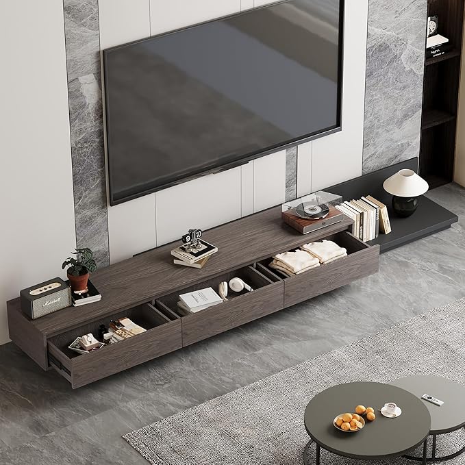 Mid-Century Modern Extendable TV Stand with Ample Storage for Living Room – Adjustable TV Cabinet from 78.7" to 130", 3-Drawer Entertainment Center, Black Walnut