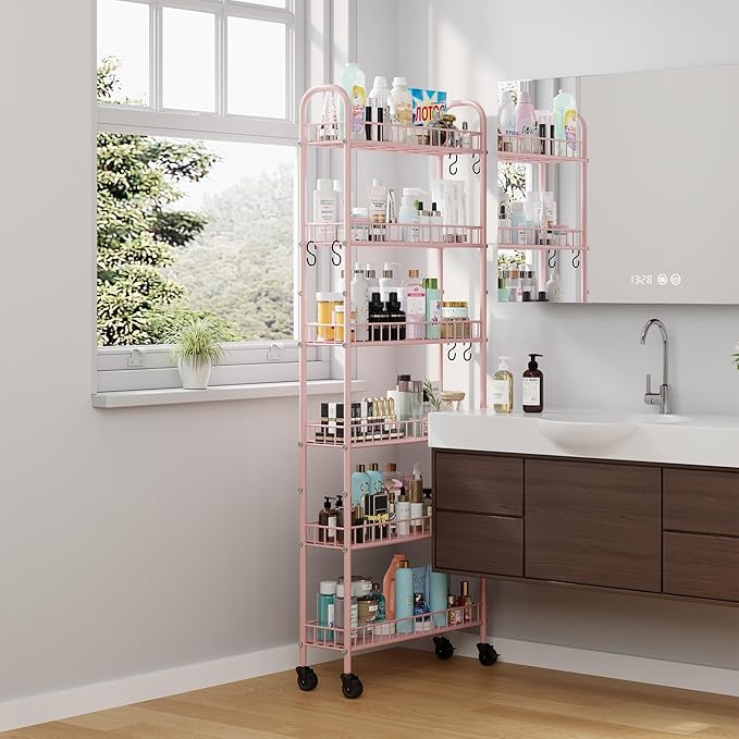 6 Tier Slim Rolling Storage Cart with Wheels, Metal Mobile Shelving Unit Organizer Utility Cart for Office Bathroom Kitchen Laundry Room Narrow Places (Pink 6 Inches)